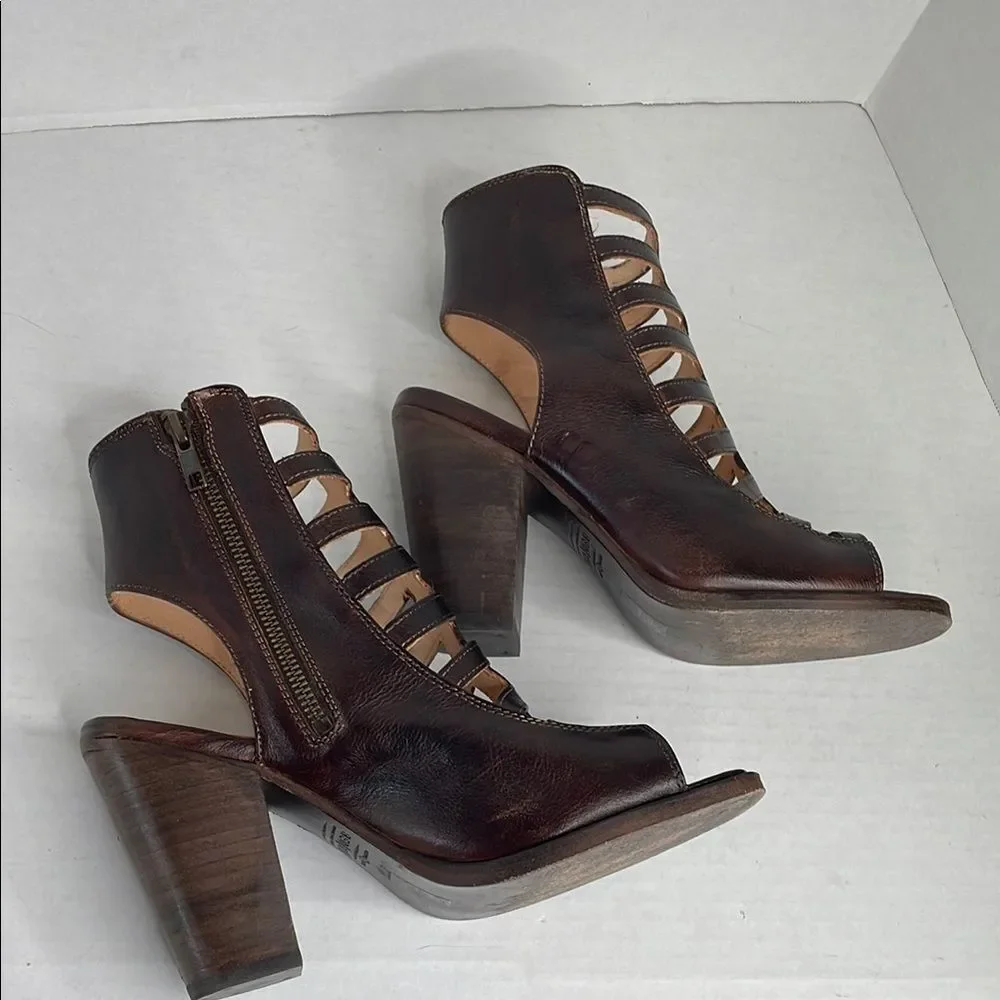 Bed Stu Occam dark brown rustic leather peep toe Gladiator Heels